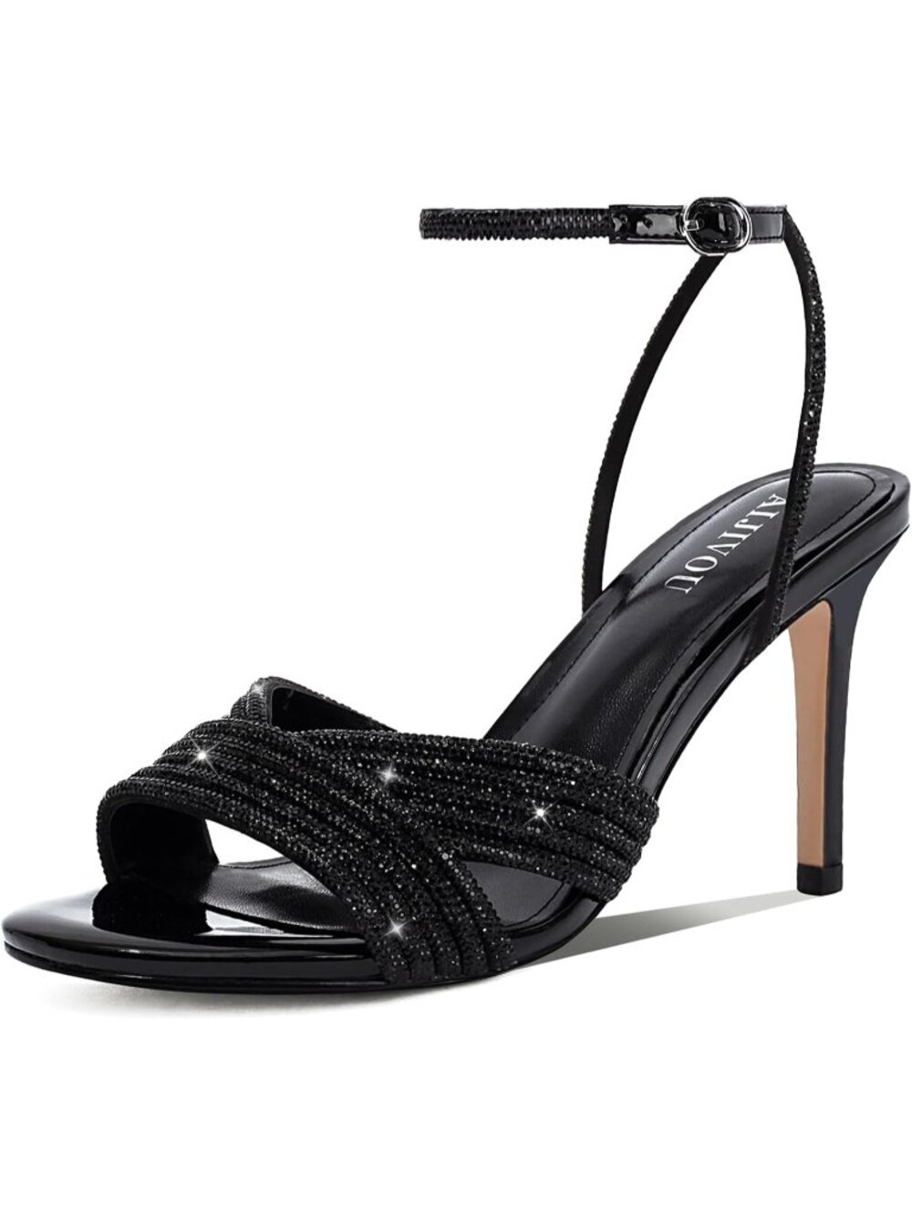 Women’s Black Square Open Toe Ankle Strap Sparkly Rhinestone Heels Sandals